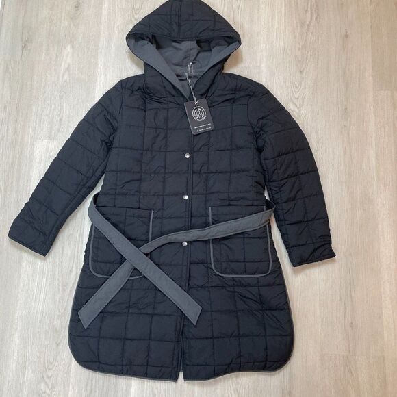 Bernardo Quilted Reversible Belted Coat Womens Medium Black Gray - Picture 2 of 9